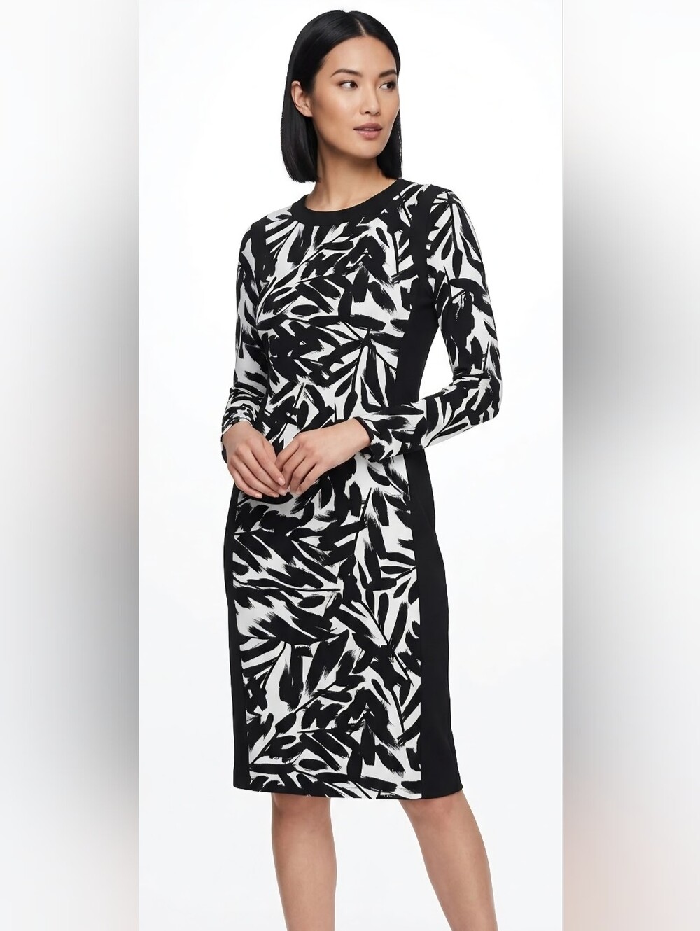 Maggy London Black & White Long Sleeve Printed Sheath Dress Size 12